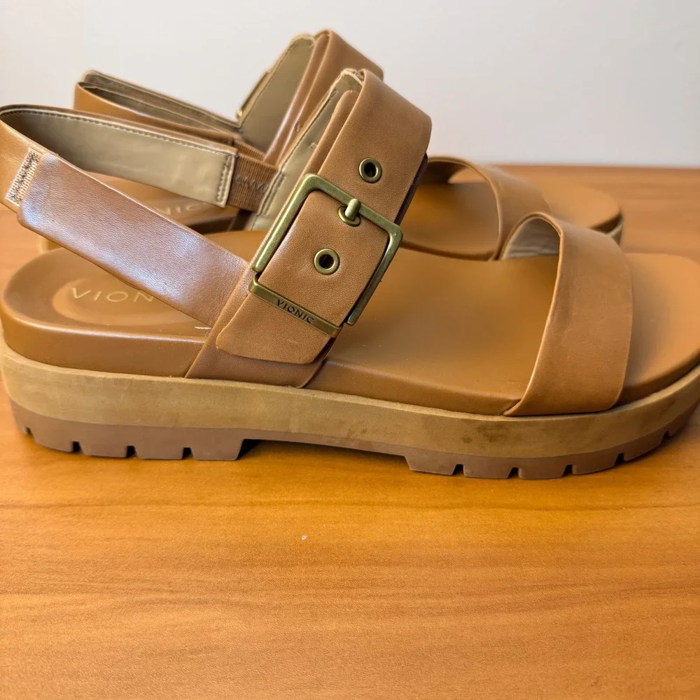 Vionic Torrance Tan Leather Platform Lug Sole Slingback Sandals Womens 11